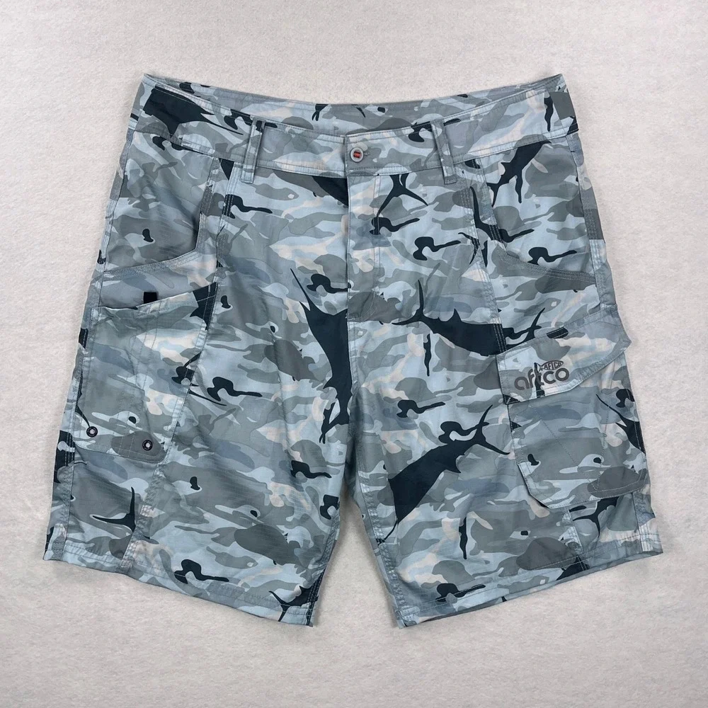 AFTCO Mens Blue Camo Marlin Print Fishing Shorts Size 36 Lightweight Cargo